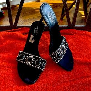 Starlet jeweled black sandal mule silver black beads 3 1/2” high heel size 6 EUC